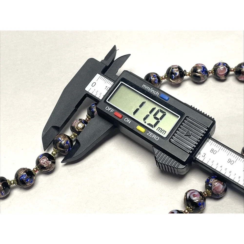 Vintage Venetian Wedding Cake Glass Bead Necklace Black Pink Blue Gold 22 inch